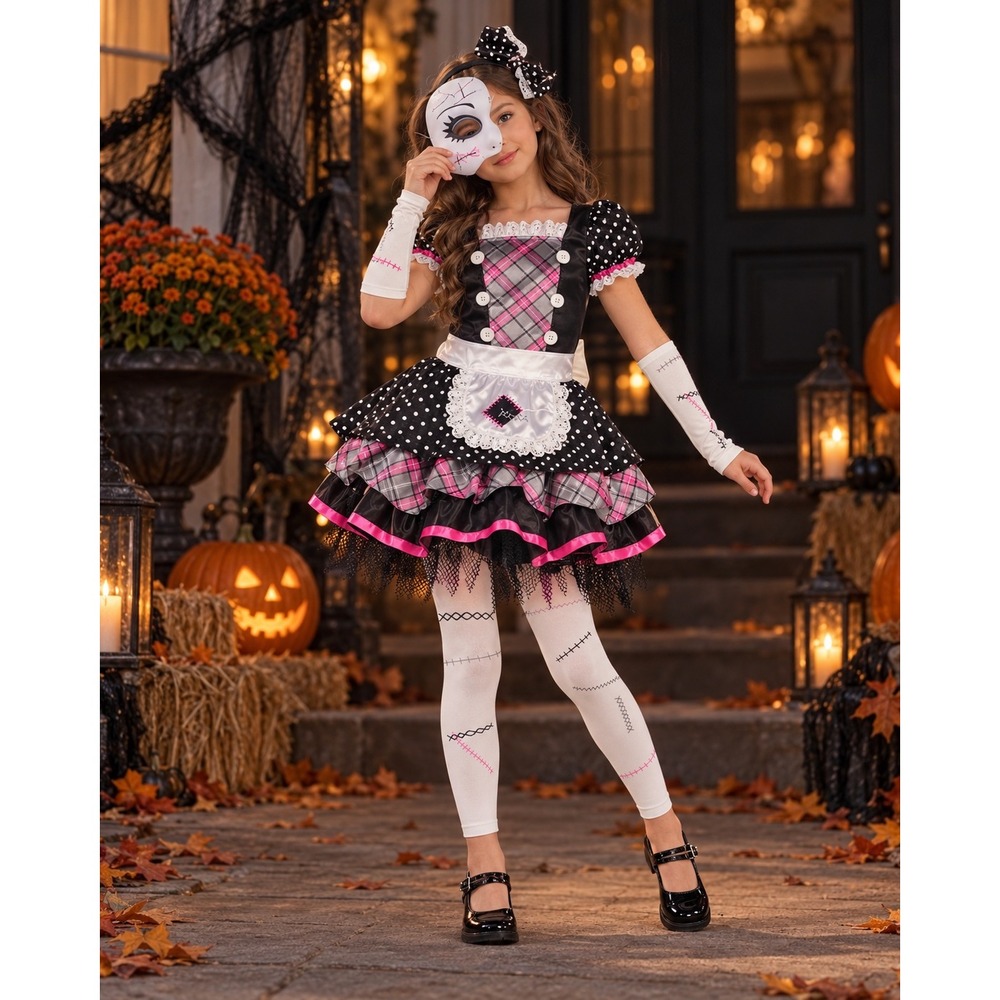 Damaged Doll Costume Child Large 6 Piece Broken Doll Dress Mask Halloween